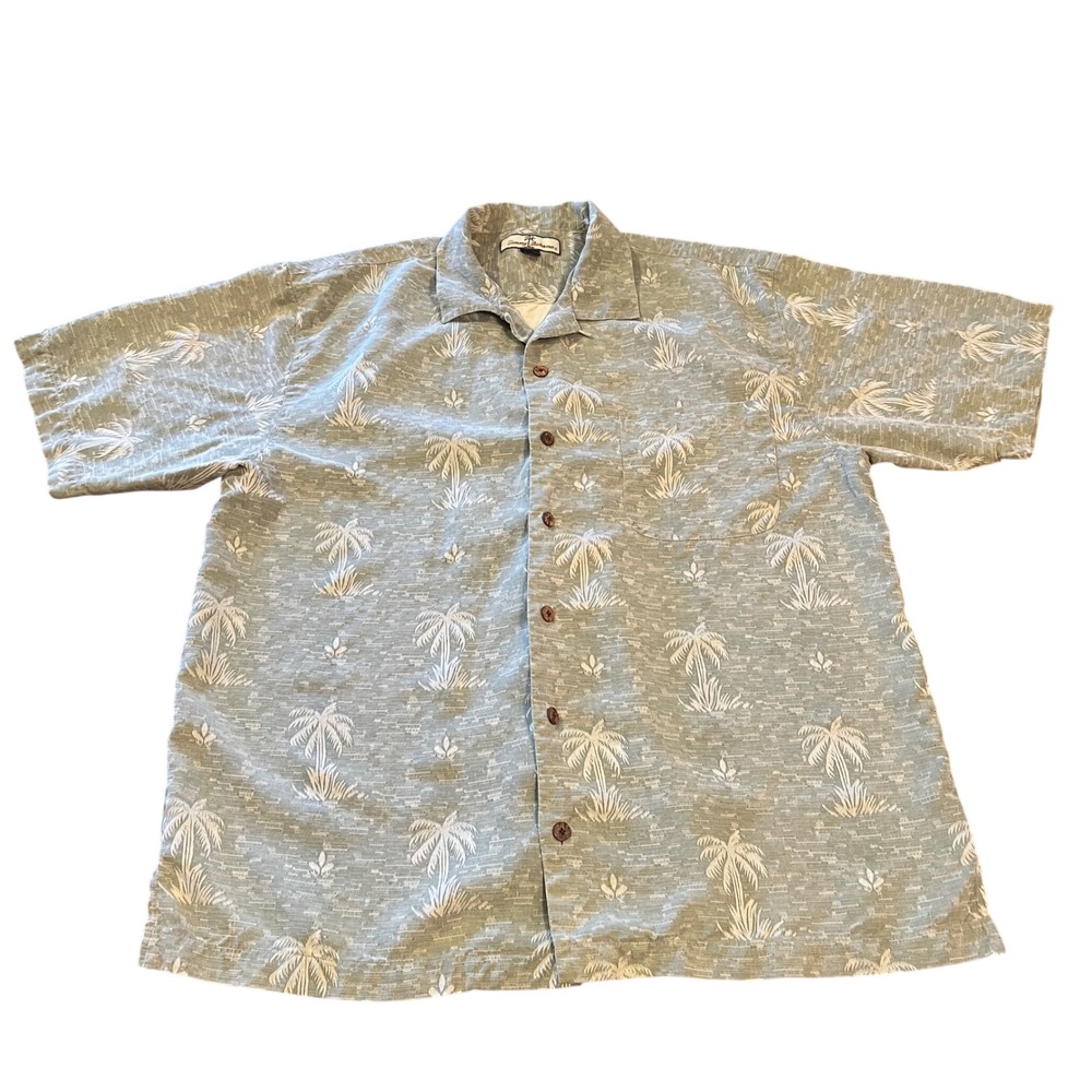 Tommy Bahama Mens Large 100% Silk Palm Tree Camp Shirt Green Tropical 23-T3975